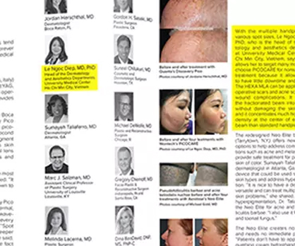 PGS. TS. BS Lê Ngọc Diệp là Bác sĩ Việt Nam đầu tiên có công bố về hiệu quả điều trị sẹo trên báo Thẩm mỹ Quốc tế “The Aesthetic Guide”, vào tháng 12/2019 với chủ đề “Những tiến bộ của các thiết bị thẩm mỹ không phẫu thuật trong thực tiễn”